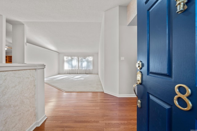 entryway with baseboards, a textured ceiling, and wood finished floors