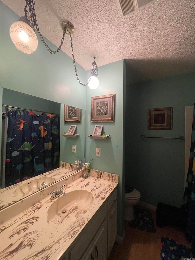 bathroom with wood-type flooring, a textured ceiling, toilet, and vanity