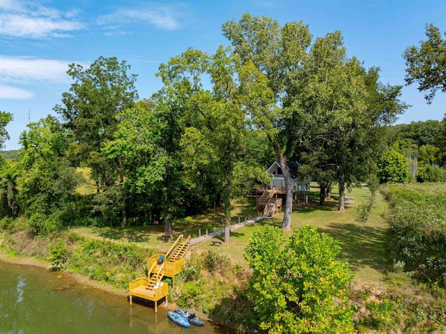 drone / aerial view featuring a water view