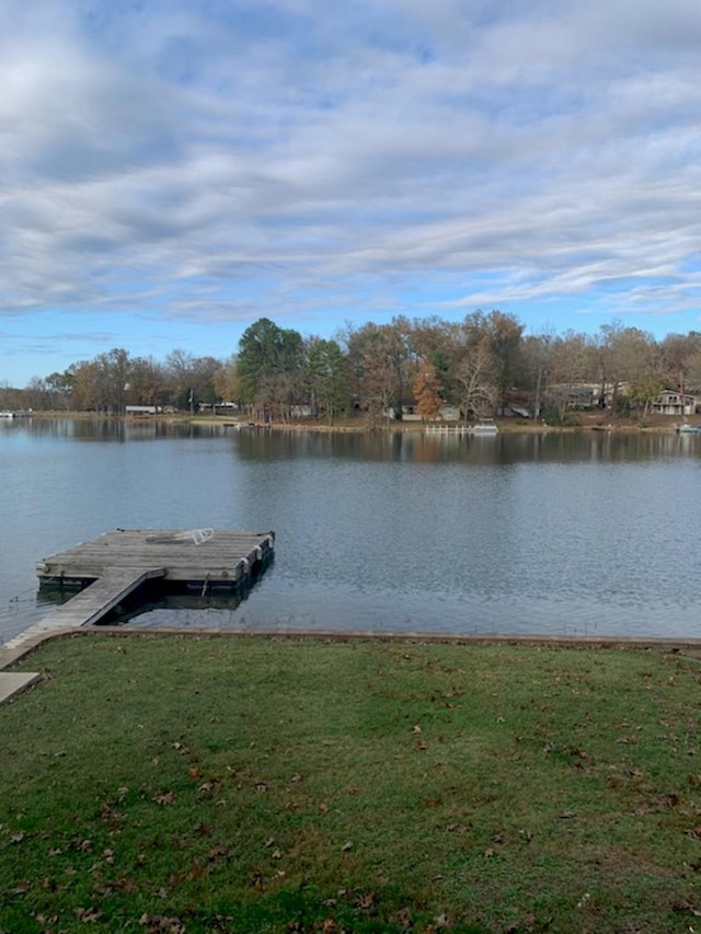 dock area with a yard and a water view