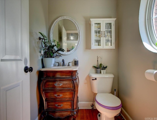 bathroom with vanity, toilet, and hardwood / wood-style flooring