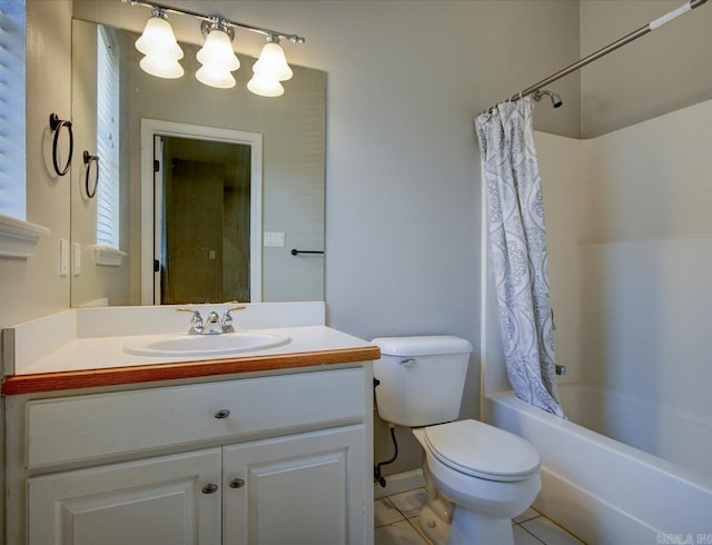 full bathroom with tile patterned flooring, vanity, toilet, and shower / tub combo with curtain