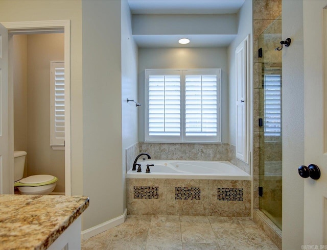 bathroom featuring toilet, plus walk in shower, and tile patterned flooring