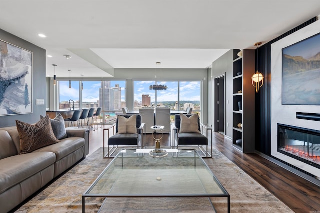 living room with dark wood-type flooring