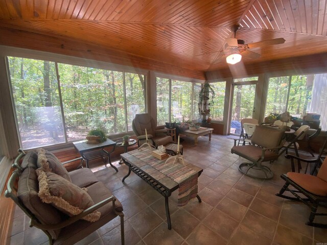 sunroom with wood ceiling, ceiling fan, and vaulted ceiling