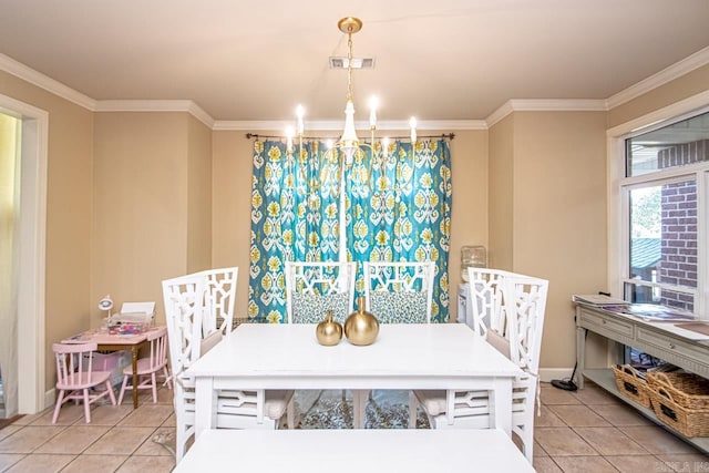 dining room featuring light tile patterned floors, a notable chandelier, and ornamental molding