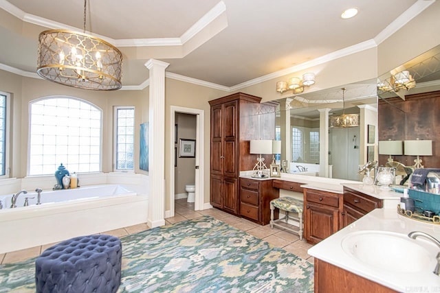 full bathroom featuring tile patterned flooring, crown molding, toilet, ornate columns, and vanity