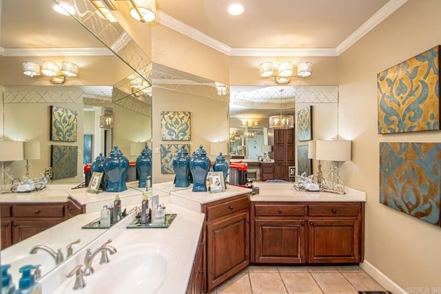 bathroom with tile patterned flooring, vanity, and ornamental molding