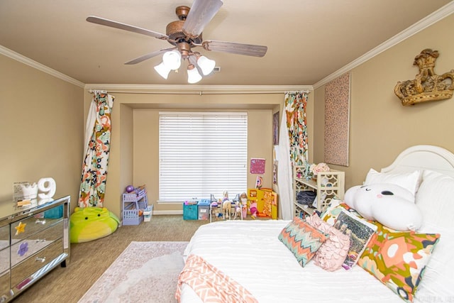 carpeted bedroom with crown molding and ceiling fan