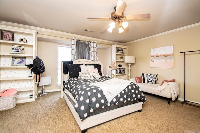 carpeted bedroom featuring ceiling fan and ornamental molding