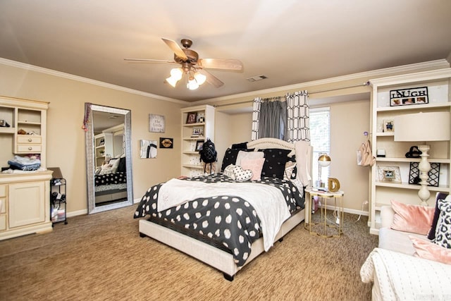 bedroom with crown molding, ceiling fan, and light carpet