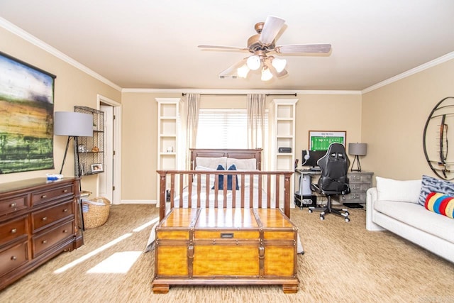 bedroom with ceiling fan, carpet, and ornamental molding