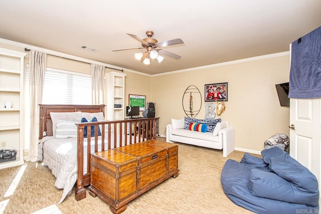 bedroom with ceiling fan, carpet, and ornamental molding