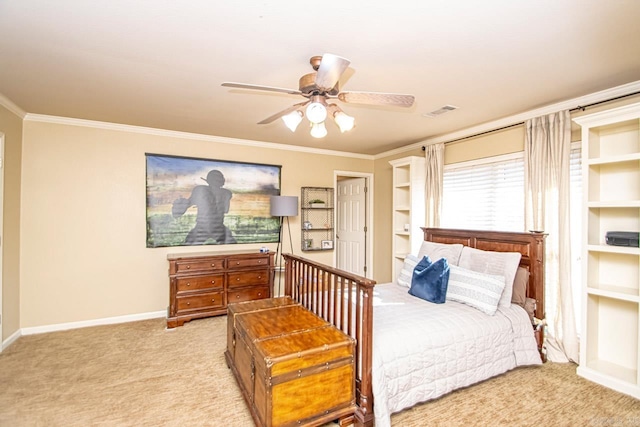 bedroom with ceiling fan, light colored carpet, and ornamental molding