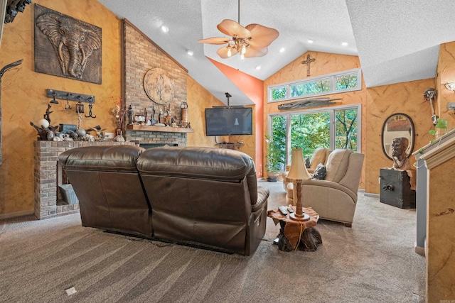 living room with a fireplace, ceiling fan, carpet, high vaulted ceiling, and a textured ceiling