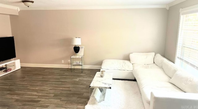 living room with dark hardwood / wood-style flooring and crown molding