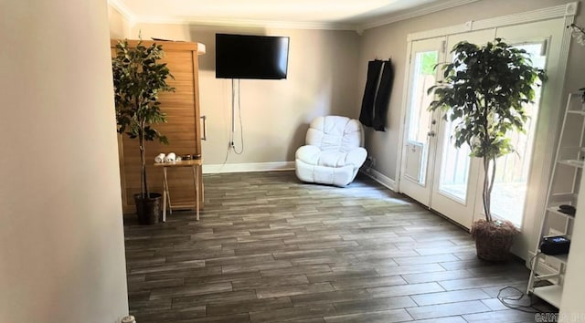 living area featuring plenty of natural light, ornamental molding, and dark hardwood / wood-style flooring