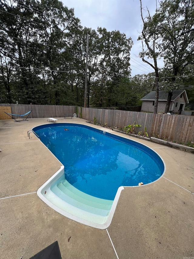 view of swimming pool with a diving board and a patio