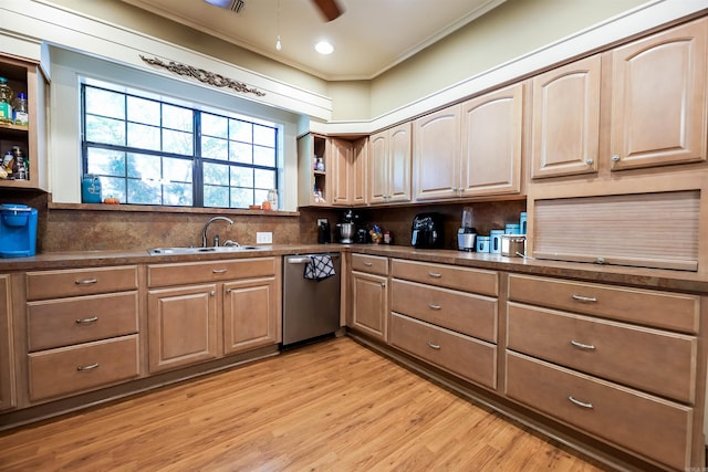 kitchen with dishwasher, sink, decorative backsplash, ceiling fan, and light wood-type flooring