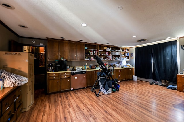 kitchen with a textured ceiling, light hardwood / wood-style flooring, stainless steel dishwasher, dark brown cabinetry, and ornamental molding