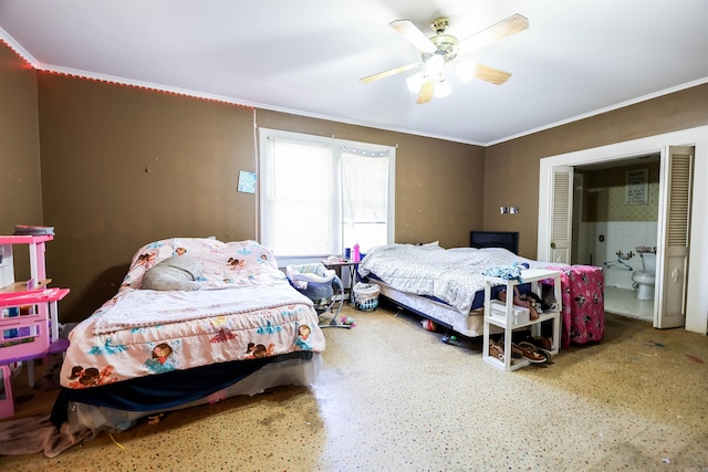 bedroom featuring ornamental molding and ceiling fan