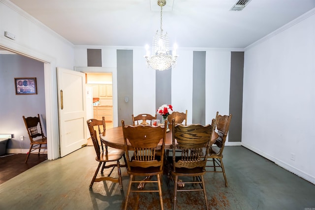 dining area with dark wood-type flooring, a chandelier, and crown molding