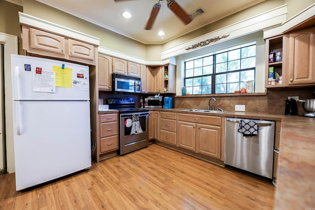 kitchen with light hardwood / wood-style flooring, appliances with stainless steel finishes, crown molding, sink, and ceiling fan