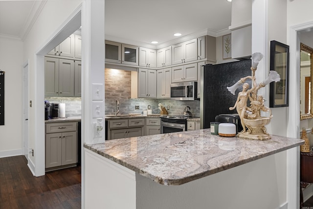 kitchen with light stone counters, kitchen peninsula, dark hardwood / wood-style floors, and appliances with stainless steel finishes