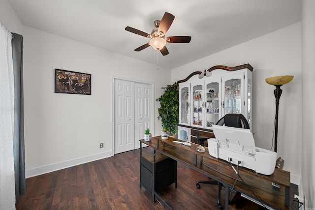 office area featuring ceiling fan and dark hardwood / wood-style floors