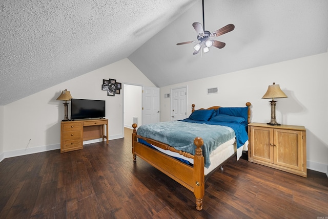 bedroom featuring a textured ceiling, dark hardwood / wood-style flooring, ceiling fan, and lofted ceiling