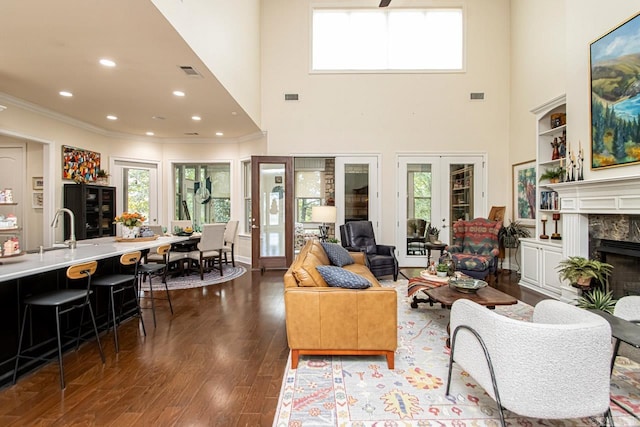 living room with crown molding, french doors, dark hardwood / wood-style flooring, sink, and a premium fireplace