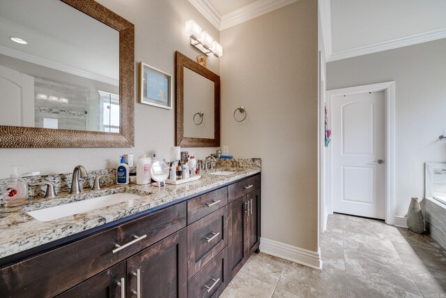 bathroom with crown molding, vanity, and separate shower and tub