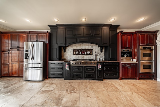 kitchen with stainless steel appliances, ornamental molding, and tasteful backsplash