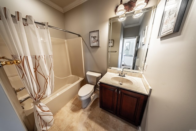 full bathroom with crown molding, vanity, toilet, and shower / bath combination with curtain