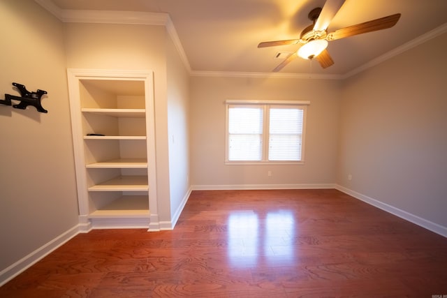 spare room featuring ceiling fan, ornamental molding, and hardwood / wood-style floors