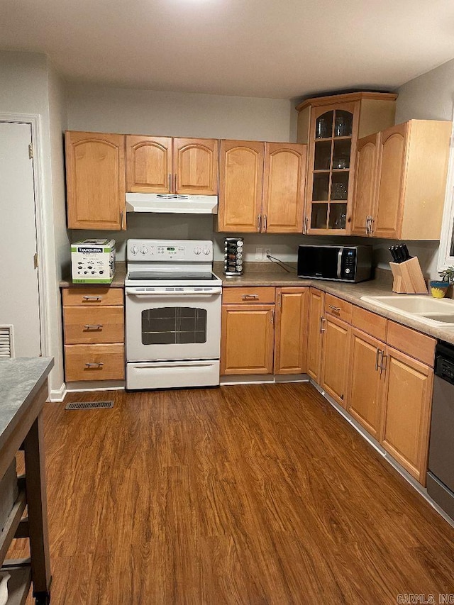 kitchen with dishwasher, white range with electric stovetop, sink, and dark hardwood / wood-style flooring