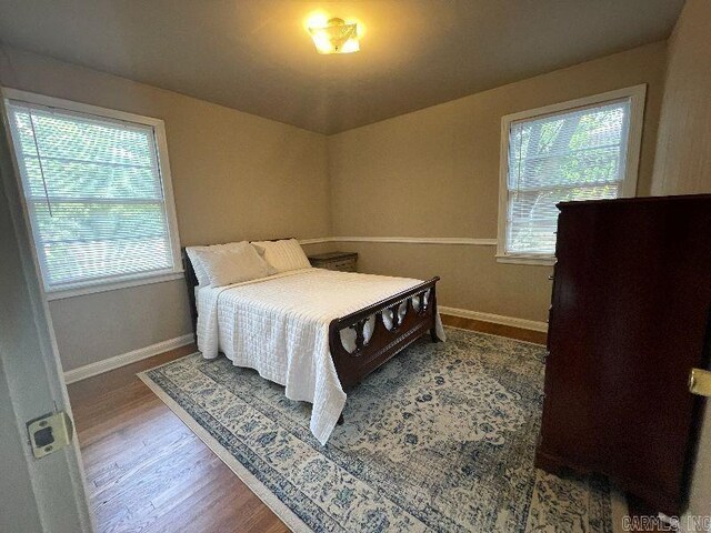 bedroom with multiple windows and wood-type flooring