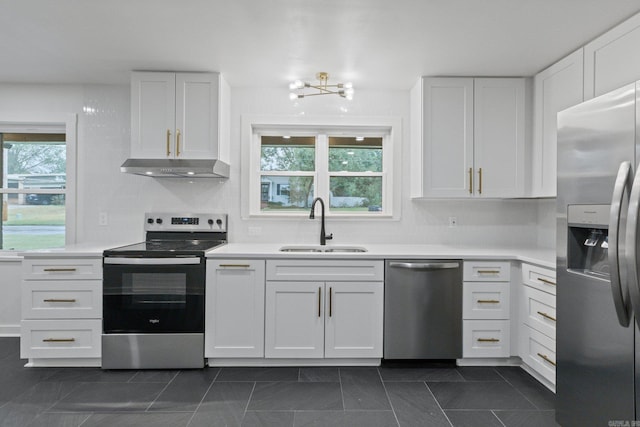 kitchen featuring white cabinetry, an inviting chandelier, sink, decorative backsplash, and appliances with stainless steel finishes