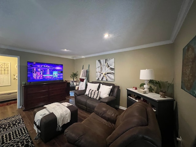 living room with ornamental molding and wood-type flooring