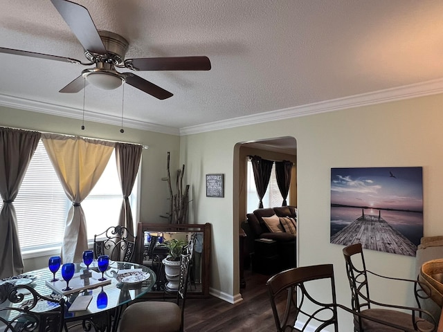 dining room featuring ceiling fan, plenty of natural light, dark hardwood / wood-style floors, and ornamental molding