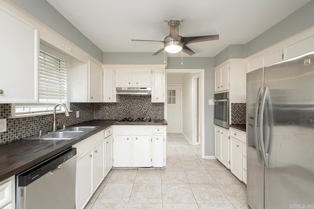 kitchen featuring white cabinetry, tasteful backsplash, stainless steel appliances, sink, and ceiling fan