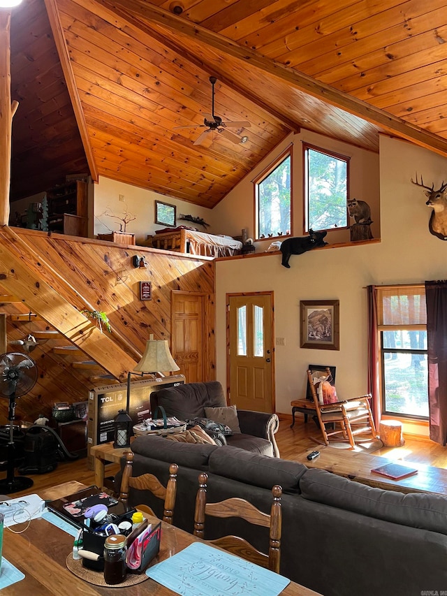 living room with ceiling fan, plenty of natural light, and wood-type flooring