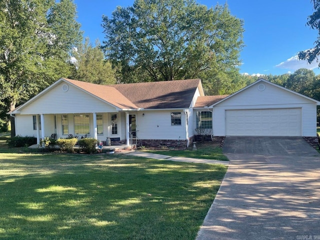 ranch-style house with a garage, a porch, and a front lawn