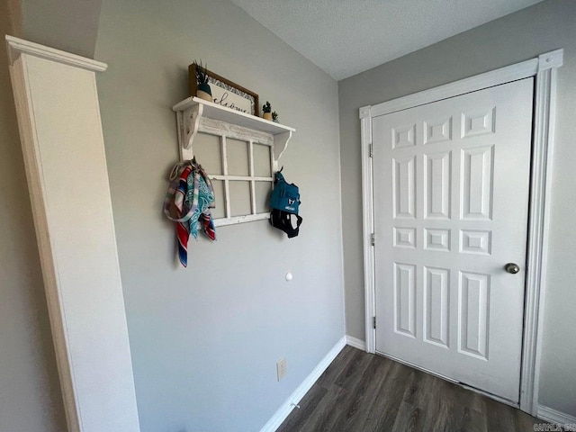 mudroom with a textured ceiling and dark hardwood / wood-style floors