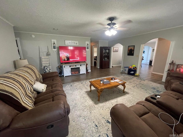 living room with ceiling fan, hardwood / wood-style flooring, crown molding, and a textured ceiling