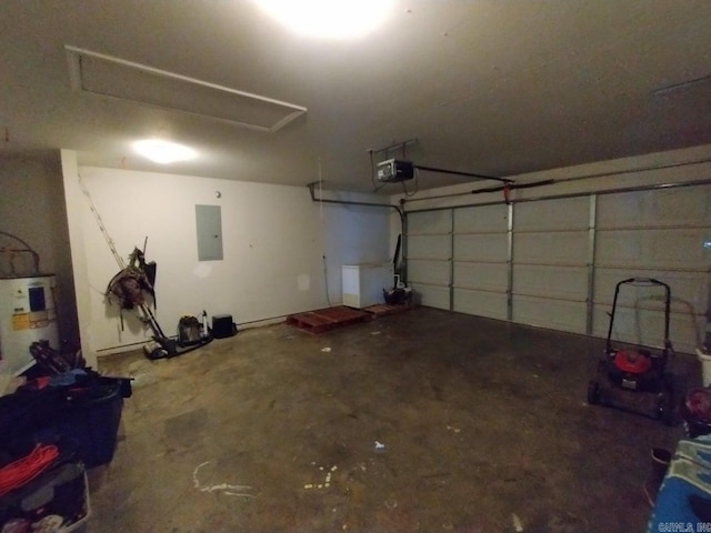 garage with a garage door opener, electric panel, and water heater