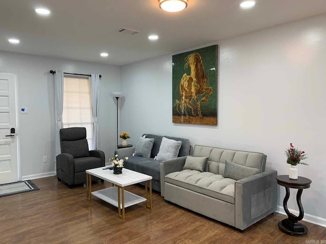 living room with dark hardwood / wood-style flooring