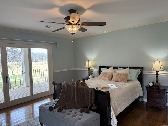 bedroom with ornamental molding, access to exterior, ceiling fan, and dark hardwood / wood-style floors