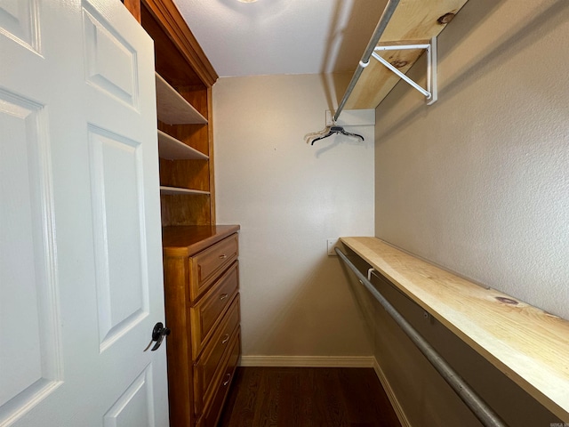 spacious closet with dark hardwood / wood-style flooring