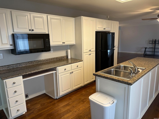 kitchen with white cabinetry, black appliances, dark hardwood / wood-style flooring, sink, and ceiling fan